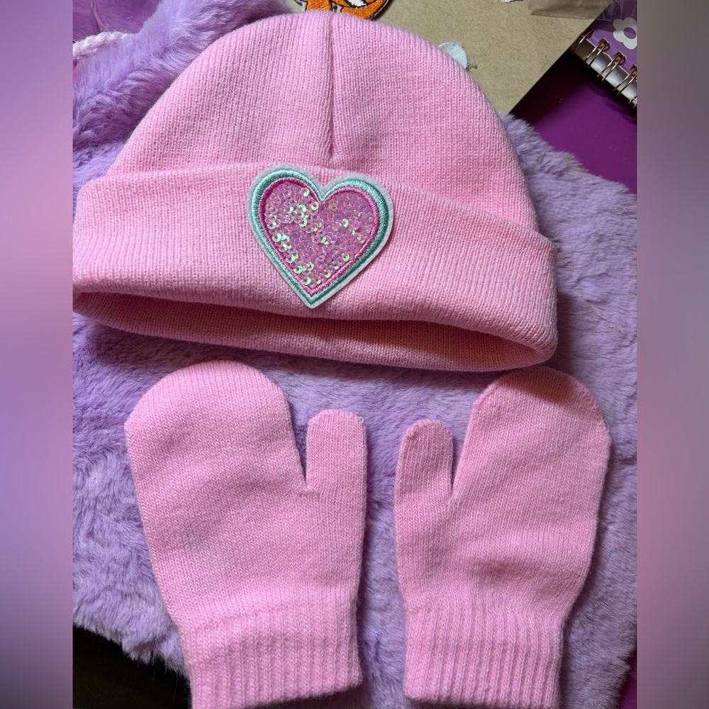 Pink Heart Beanie and Mittens Set